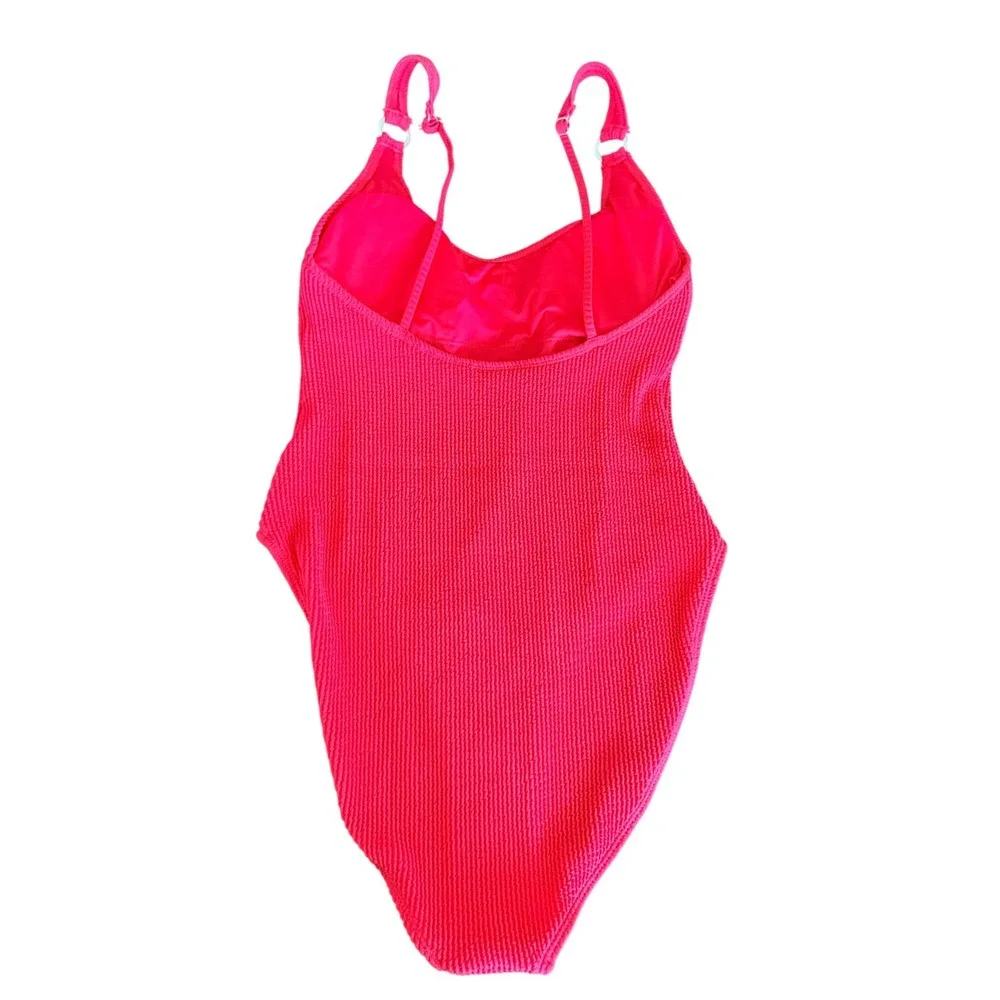 Bikini Bliss Women Hot Pink Crinkle Textured One Piece Swimsuit Size L High Cut